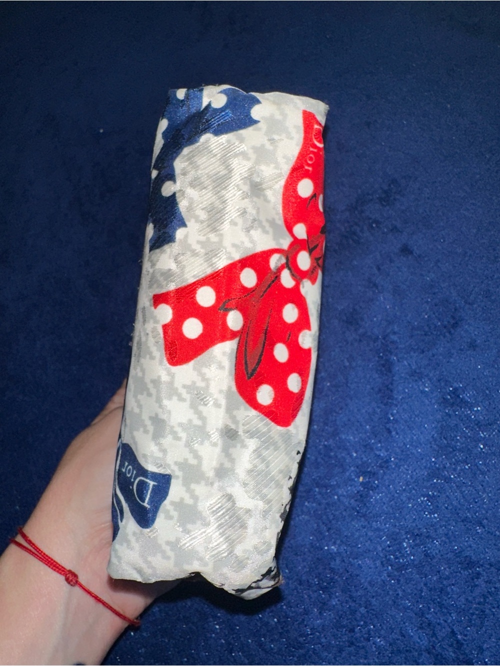 Christian Dior Vintage Houndstooth Bows Red Blue Cosmetic Pouch USA 90s Makeup - Picture 6 of 12